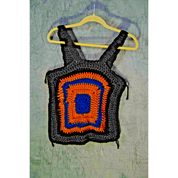 Handmade Crochet Granny Square Tank Top Black Blue Yellow S/M Boho Festival Knit - Picture 5 of 6
